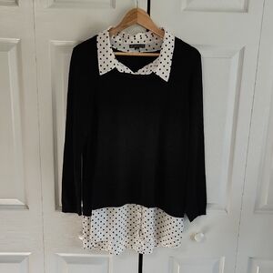 Adrianna Papell Black & White Layered Sweater Top Size 1X Polka Dot Preppy Soft
